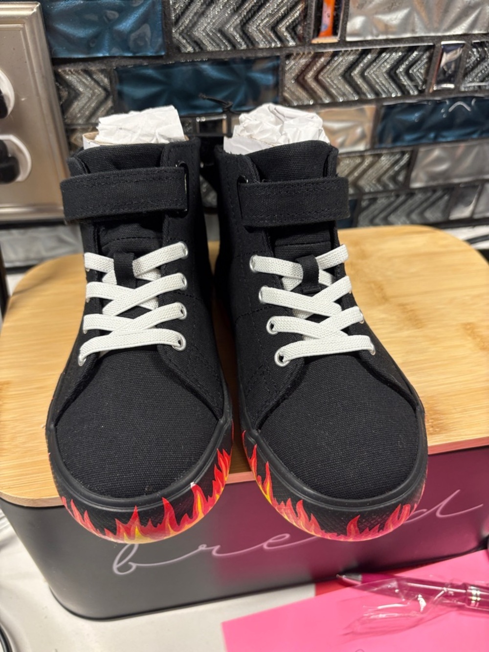 wonder nation Black High-Top Sneakers with Red & Orange Flame Trim